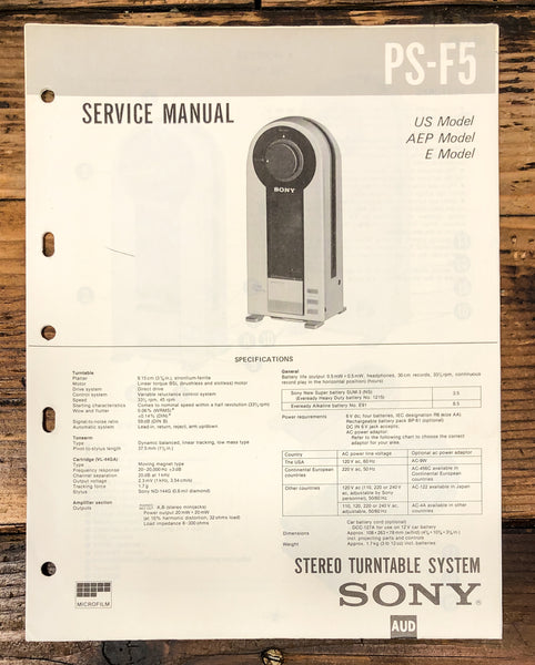Sony PS-F5 Record Player / Turntable Service Manual *Original*