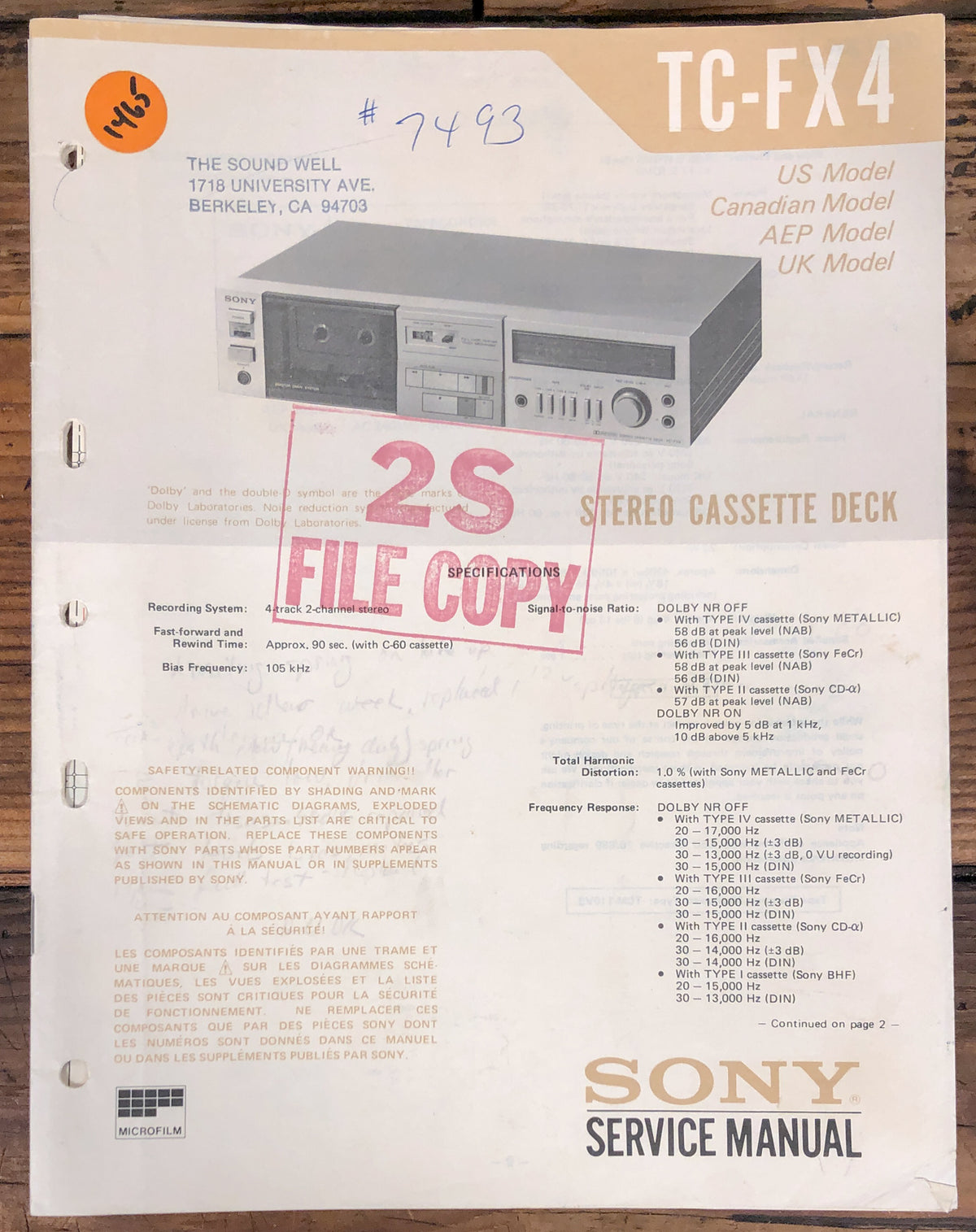 Sony TC-FX4 Cassette  Service Manual *Original*