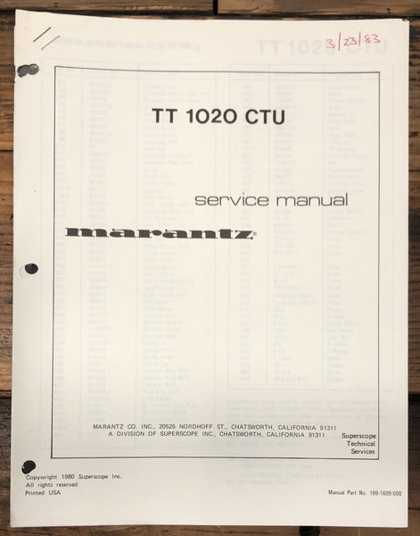 Marantz TT1020 CTU TT-1020 Record Player / Turntable  Service Manual *Original*