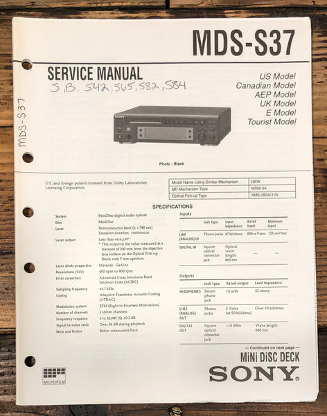 Sony MDS-S37 MD Player Service Manual *Original*