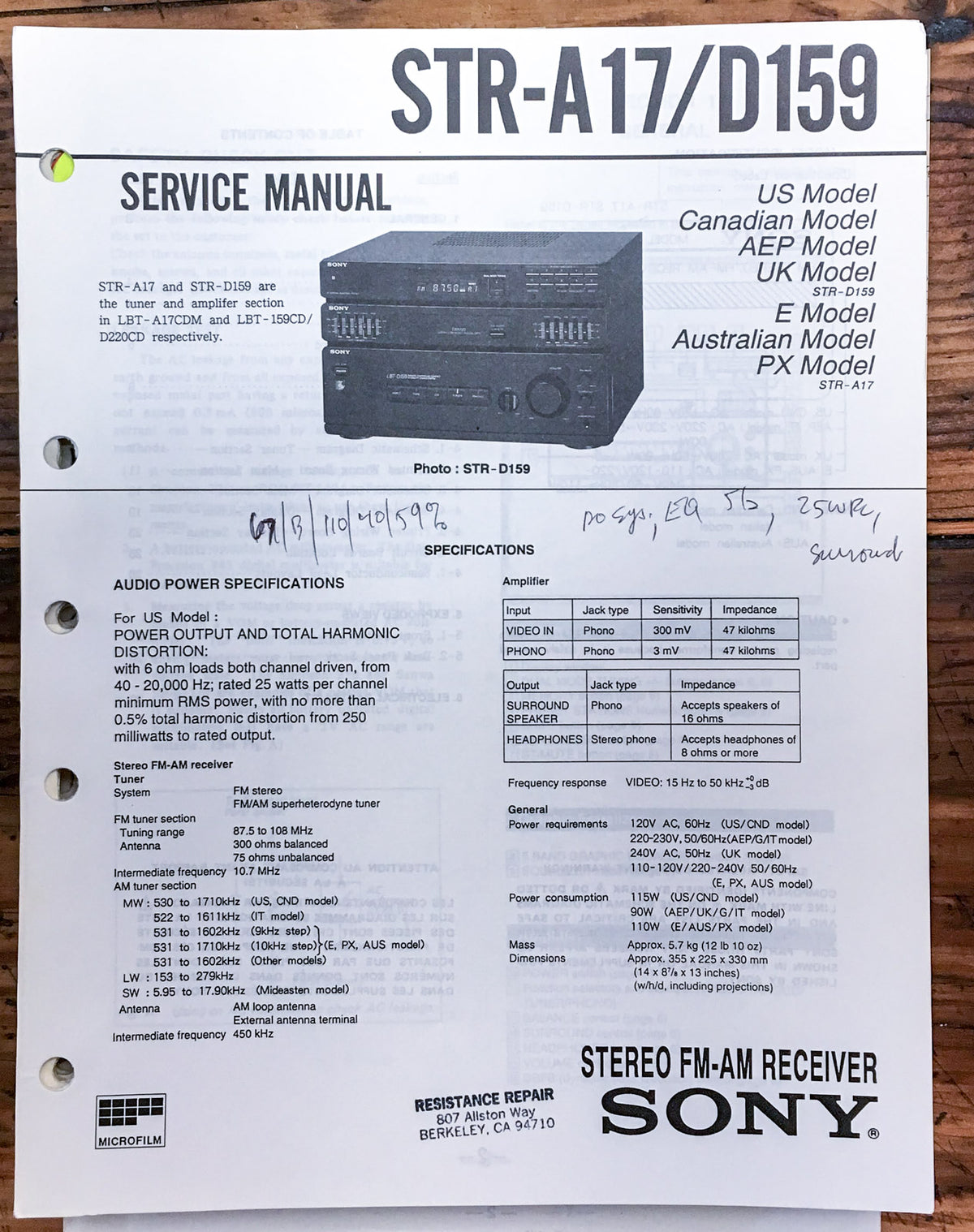 Sony STR-A17 STR-D159 Receiver  Service Manual *Original*