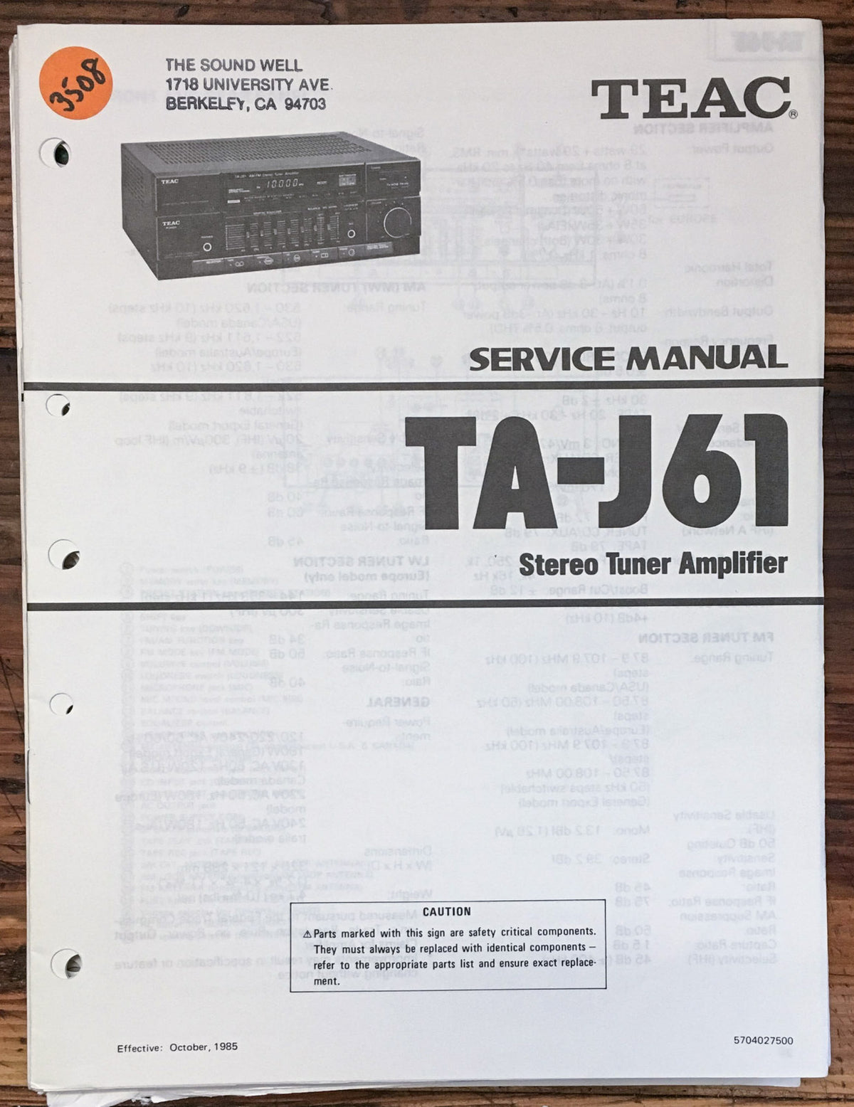 Teac TA-J61 Tuner Amplifier  Service Manual *Original*
