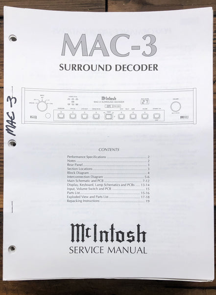 McIntosh MAC-3 Surround Decoder  Service Manual *Original*