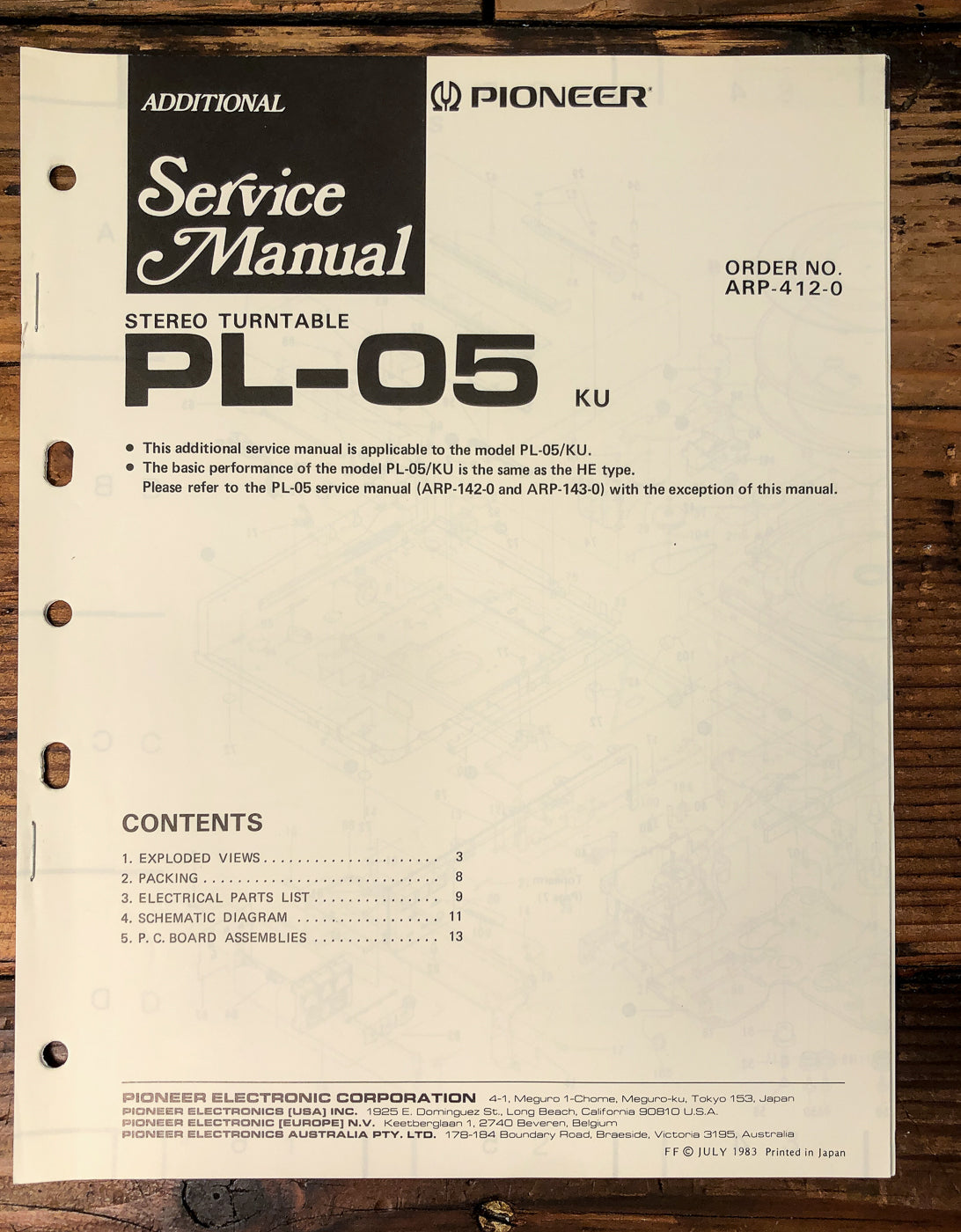 Pioneer PL-05 Turntable Supp. Service Manual *Original*