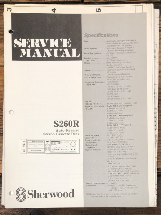 Sherwood S-260R S260R Cassette  Service Manual *Original*
