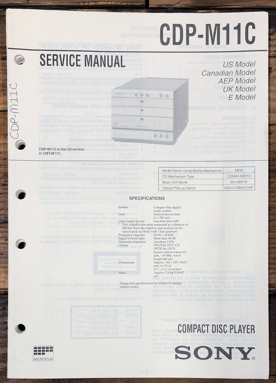 Sony CDP-M11C CD Player  Service Manual *Original*