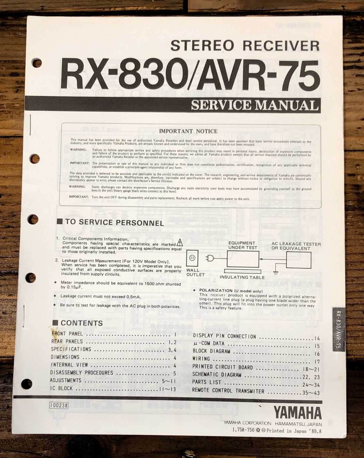 Yamaha RX-830 AVR-75 Receiver  Service Manual *Original*