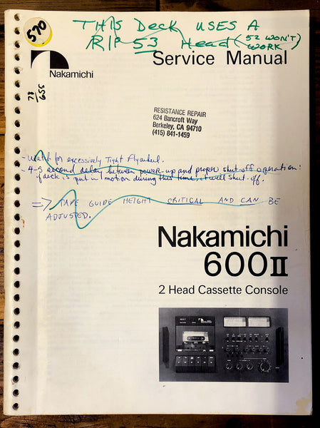 Nakamichi Model 600 II Cassette  Service Manual *Original*