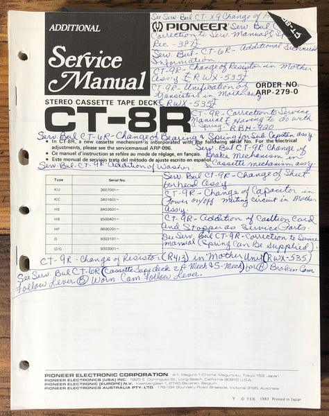 Pioneer CT-8R Cassette Add. Service Manual *Original* #1