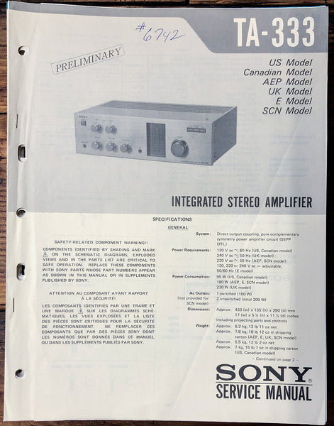 Sony TA-333 Amplifier Prelim. Service Manual *Original*