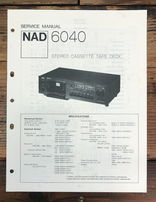 NAD Model 6040 Cassette Service Manual *Original*