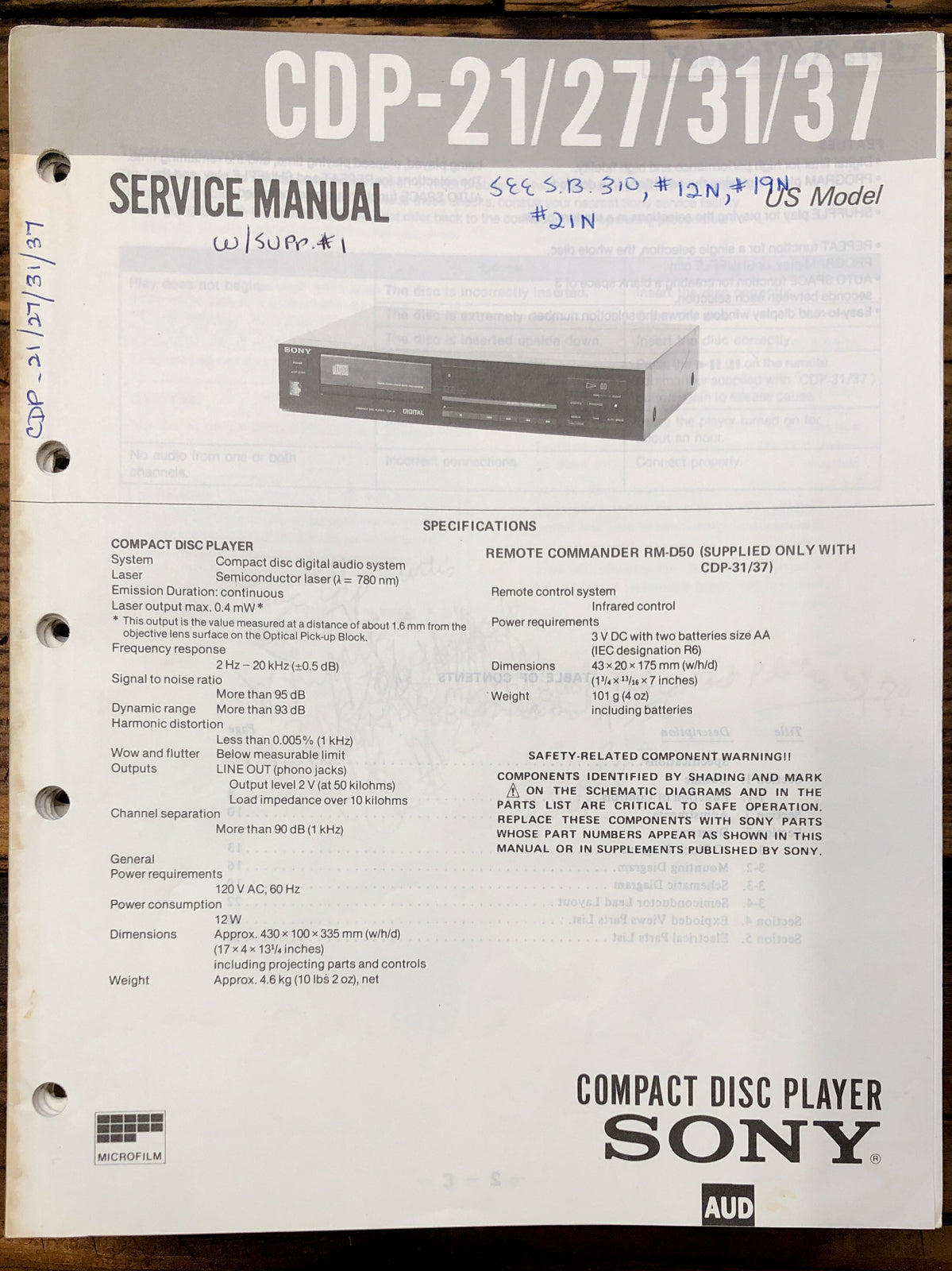 Sony CDP-21 -27 -31 -37 CD Player  Service Manual *Original*