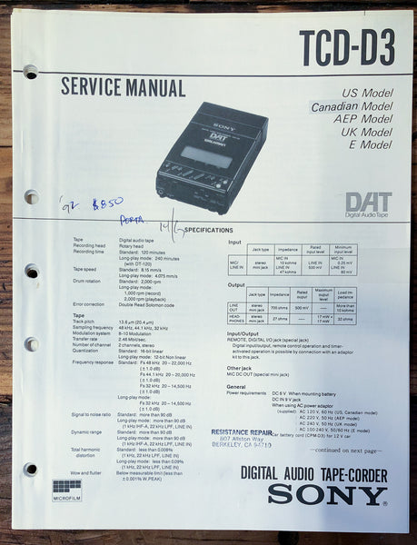 Sony TCD-D3 DAT Recorder  Service Manual *Original*