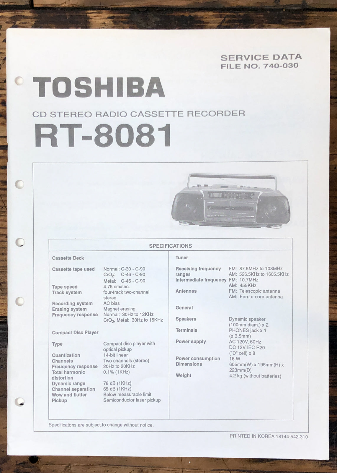 Toshiba RT-8081 Stereo Service Manual *Original*