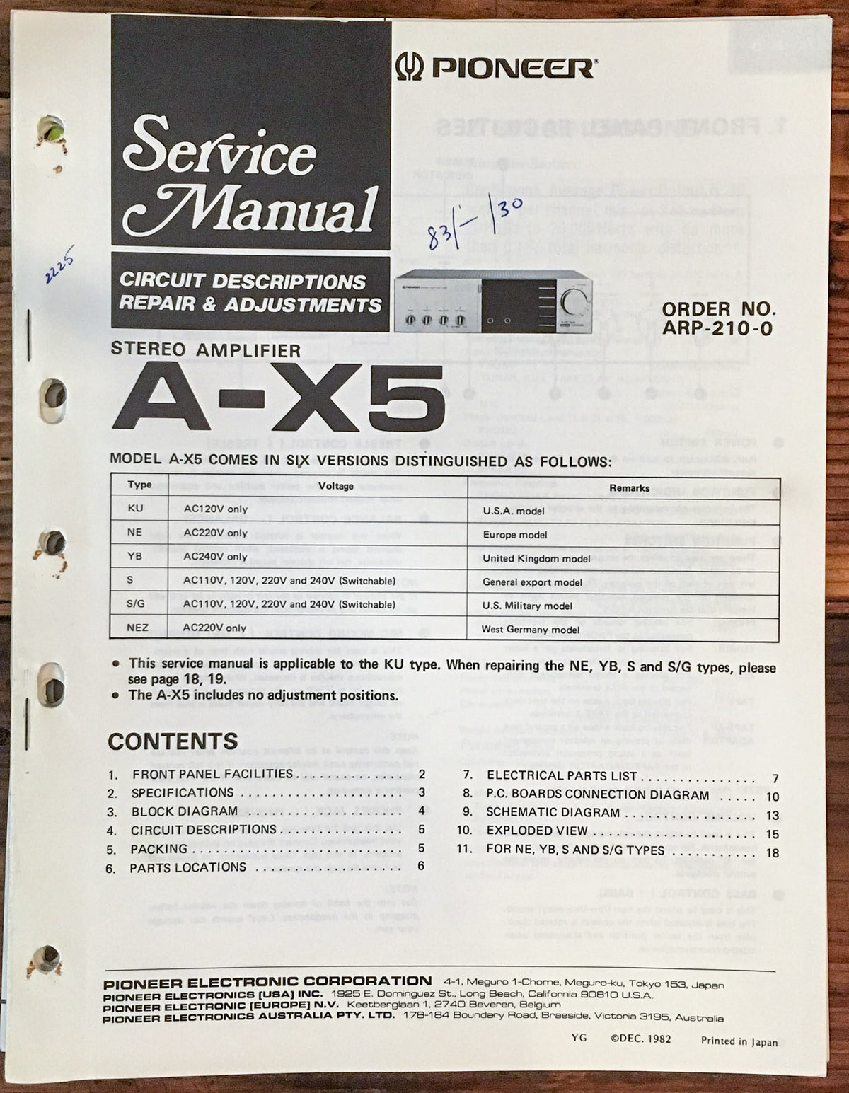 Pioneer A-X5 Amplfier  Service Manual *Original*