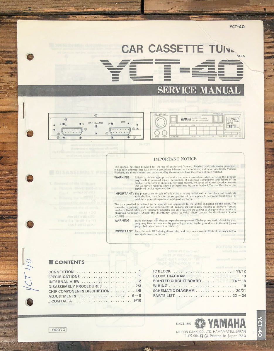 Yamaha YCT-40 Cassette Service Manual *Original*