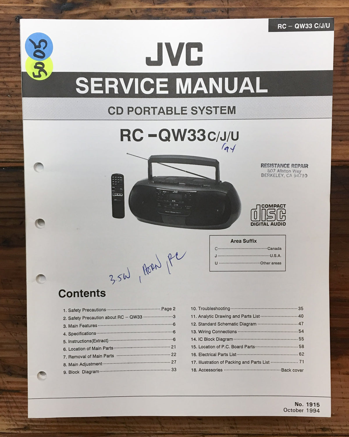 JVC RC-QW33 Stereo  Service Manual *Original*