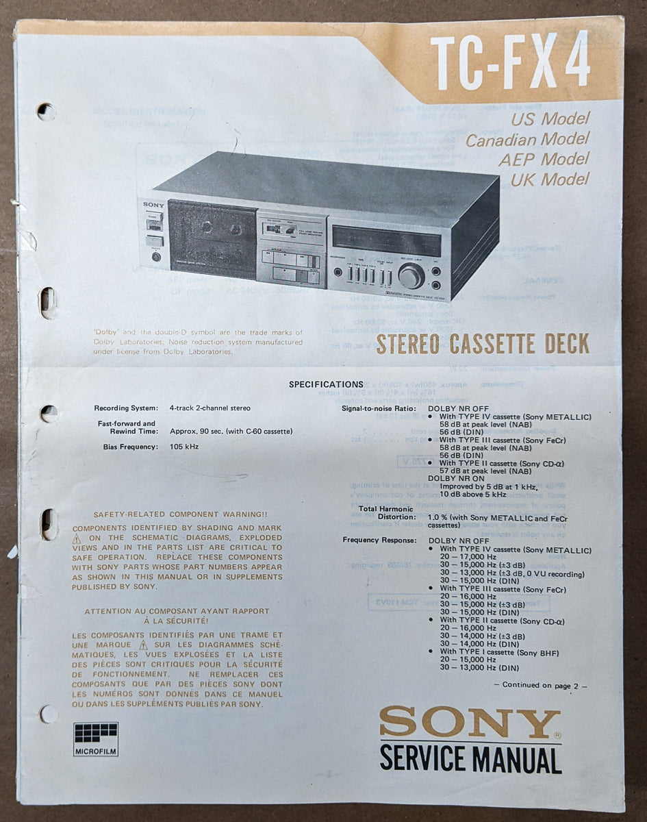 Sony TC-FX4 Cassette Service Manual *Original*
