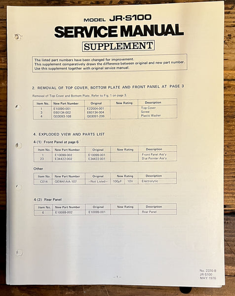 JVC JR-S100 Receiver Supp. Service Manual *Original*