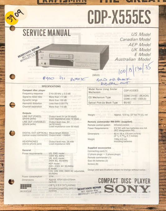 Sony CDP-X555ES CD Player  Service Manual *Original*