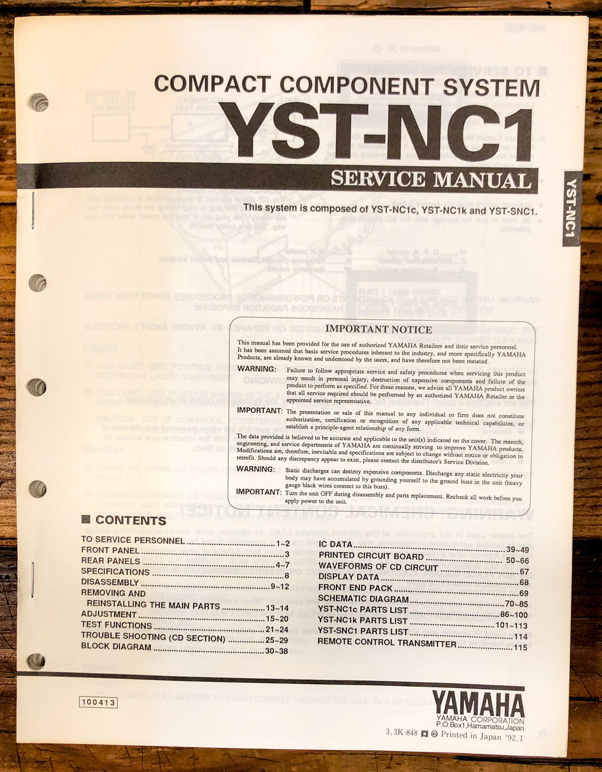 Yamaha YST-NC1 Stereo Service Manual *Original*