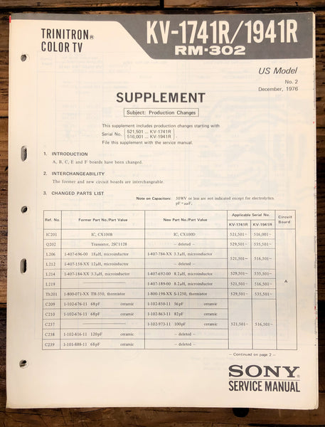 Sony KV-1741R KV-1941R Television / TV Supplement 2 Service Manual *Original*