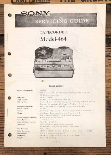 Sony Model 464 Tape Recorder  Service Manual *Original*