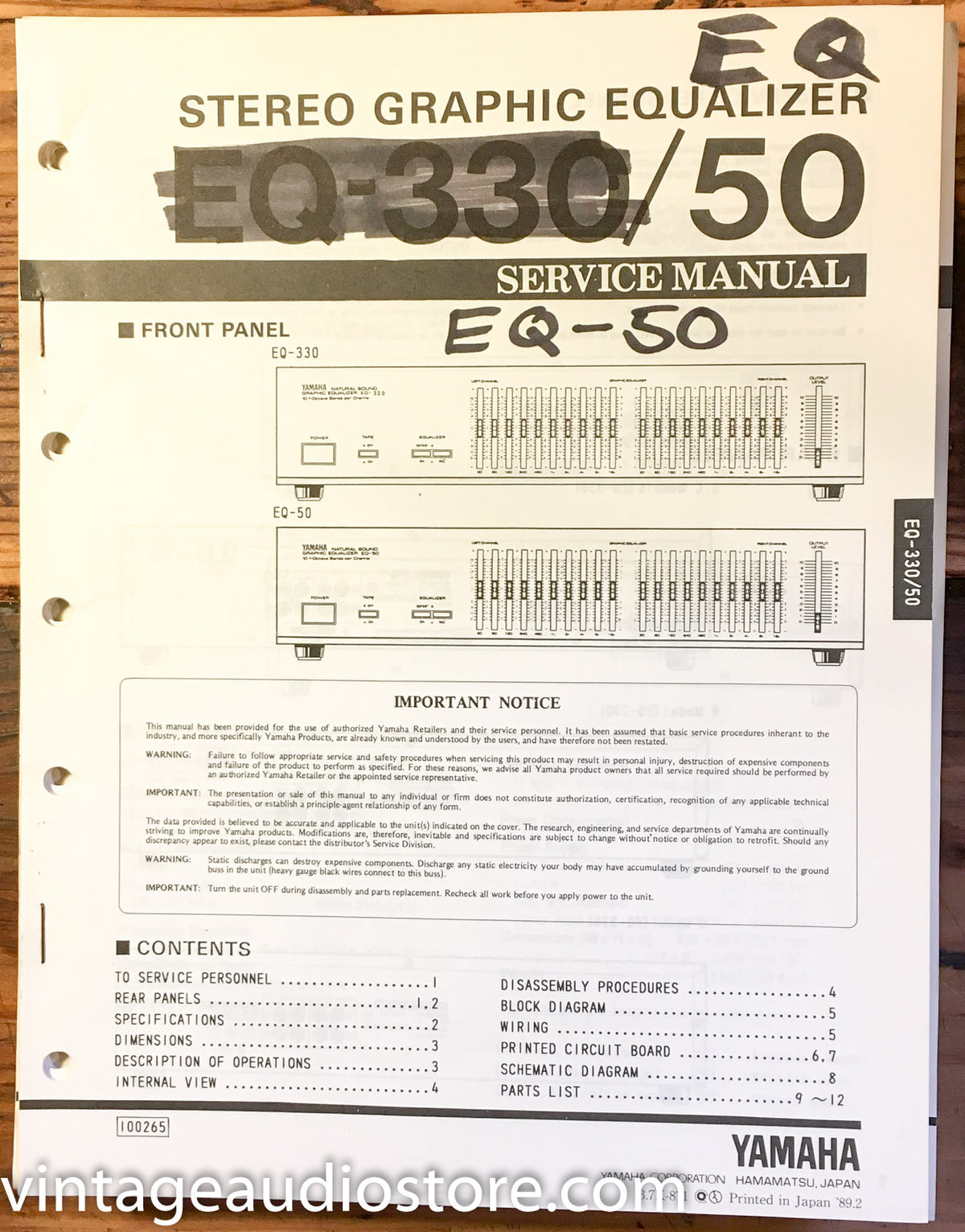 Yamaha EQ-330 EQ-50 Equalizer  Service Manual *Original*