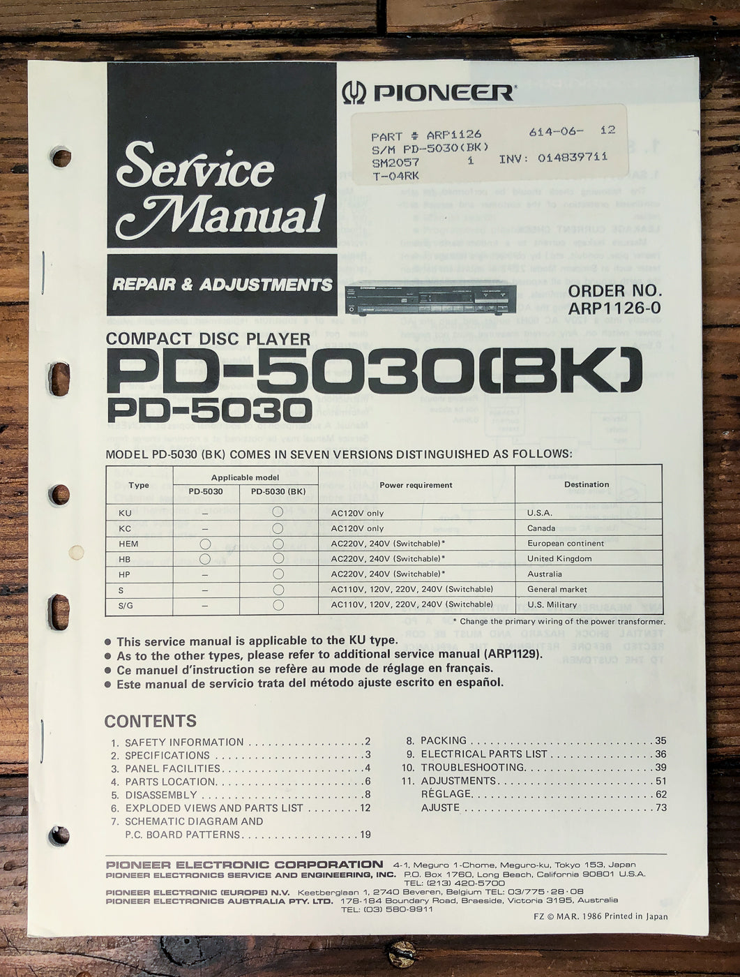 Pioneer PD-5030 CD Player Service Manual *Original*