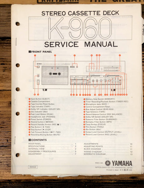 Yamaha K-960 Cassette  Service Manual *Original*