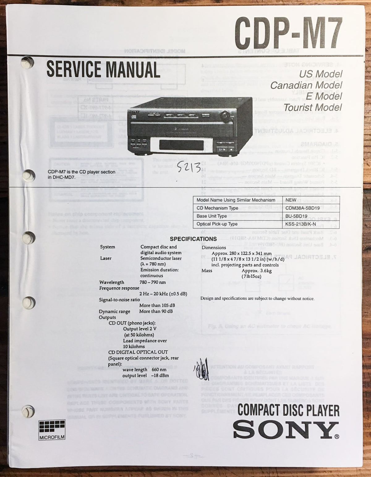 Sony CDP-M7 CD Player  Service Manual *Original*