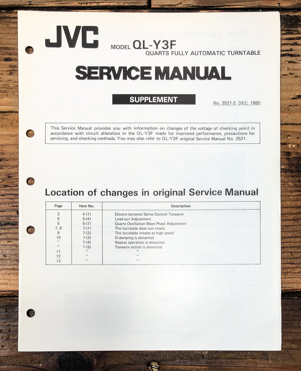 JVC QL-Y3F Record Player / Turntable Supp. Service Manual *Original*