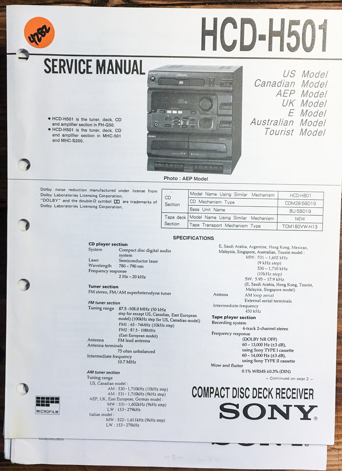 Sony HCD-H501 Stereo  Service Manual *Original*