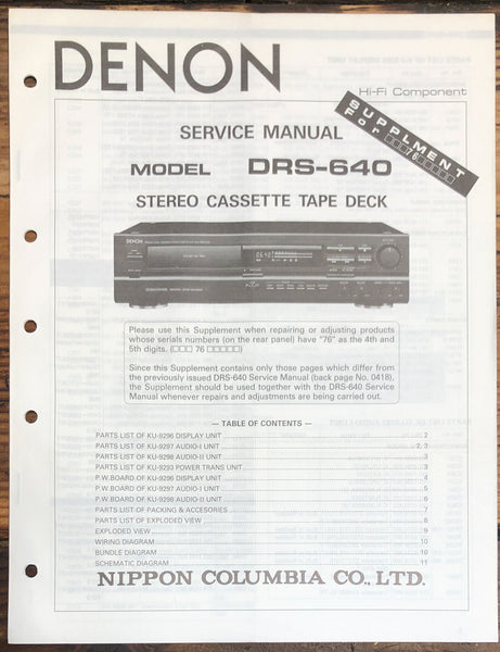 Denon DRS-640 Cassette Supplement Service Manual *Original*