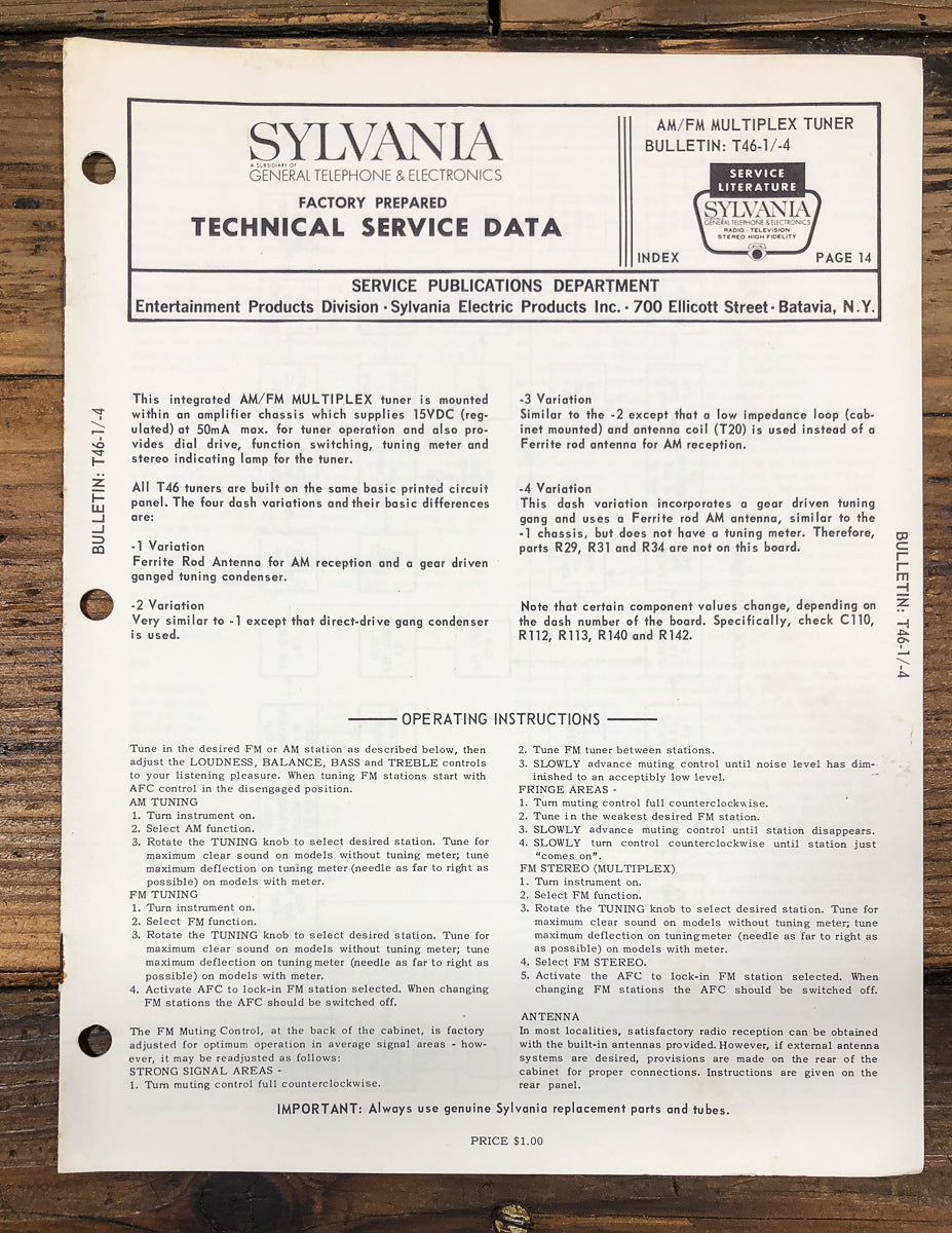 Sylvania T46 T46.1 AM FM Tuner Service Manual *Original*