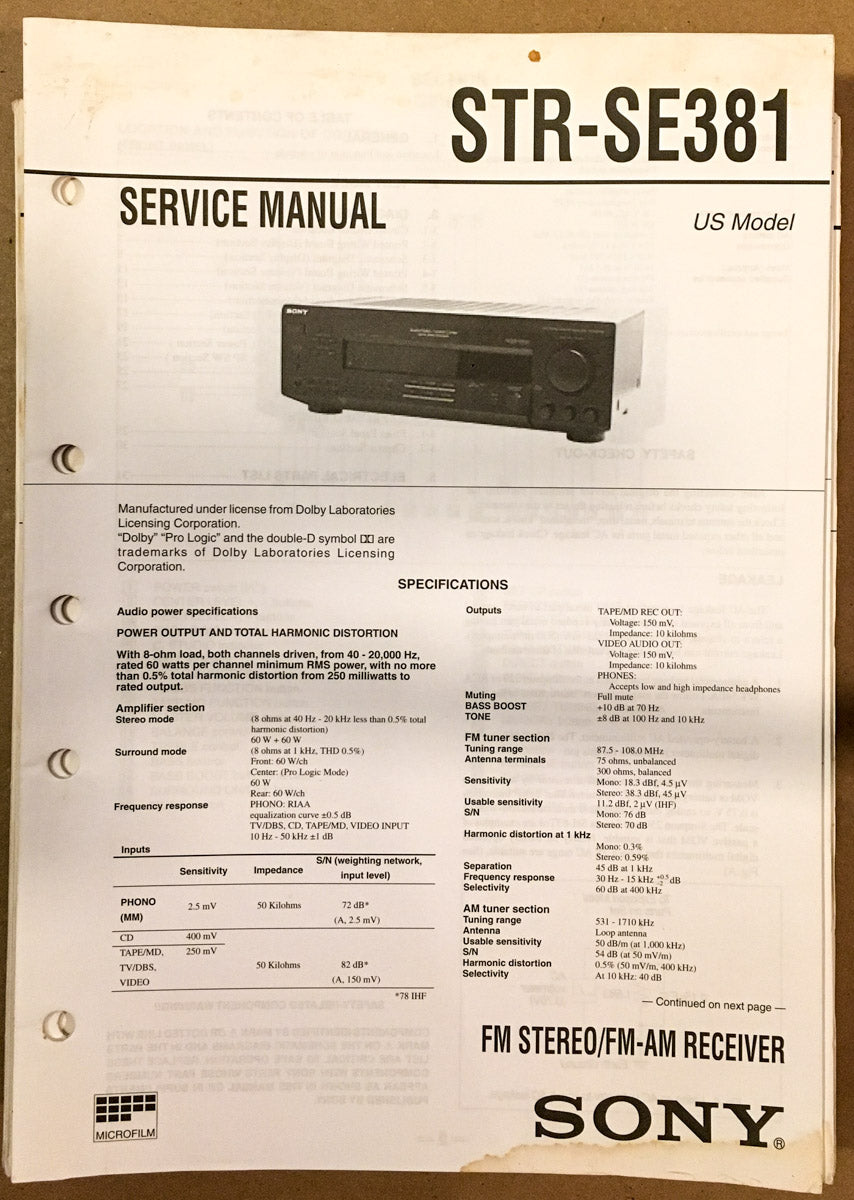Sony STR-SE381 Receiver  Service Manual *Original*