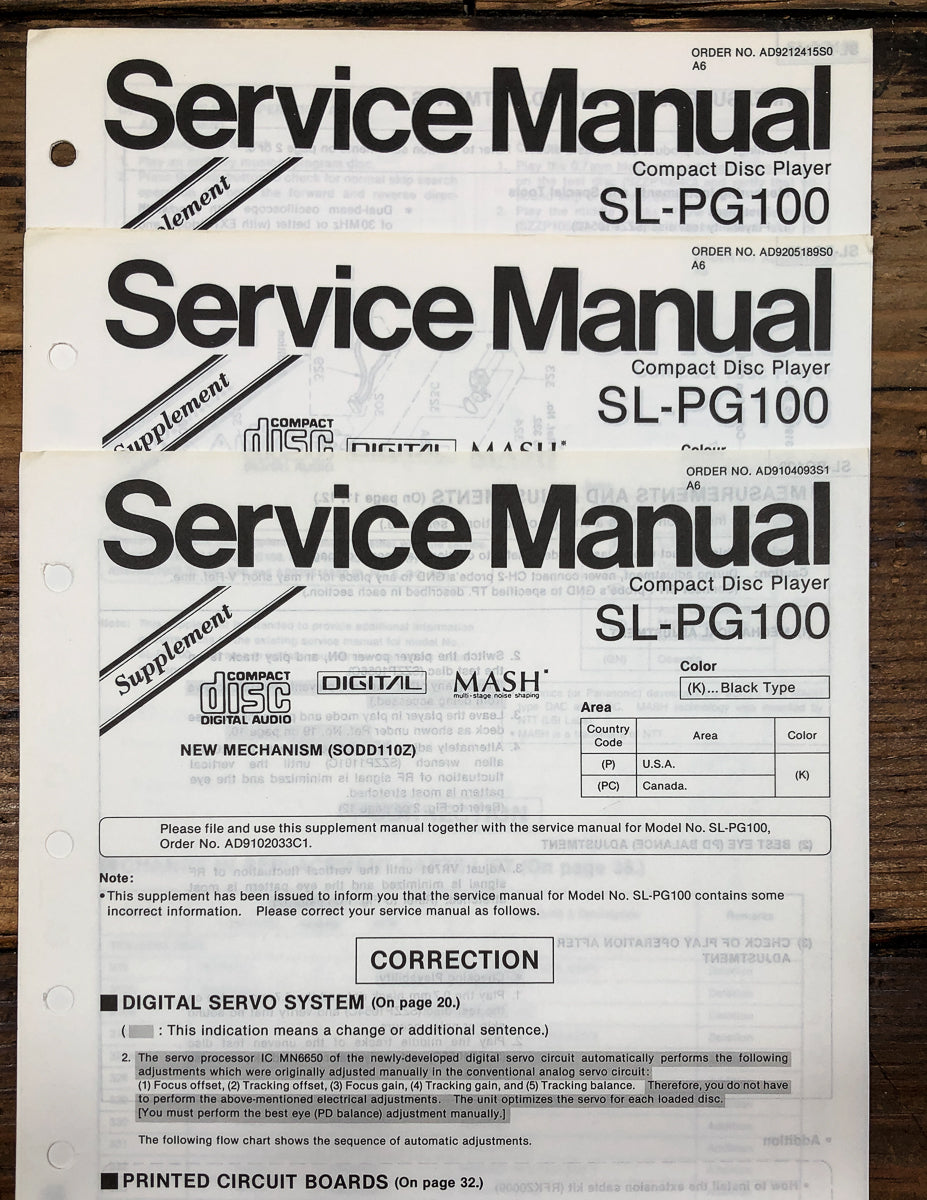 Technics SL-PG100 CD Player Supp. Service Manual *Original*