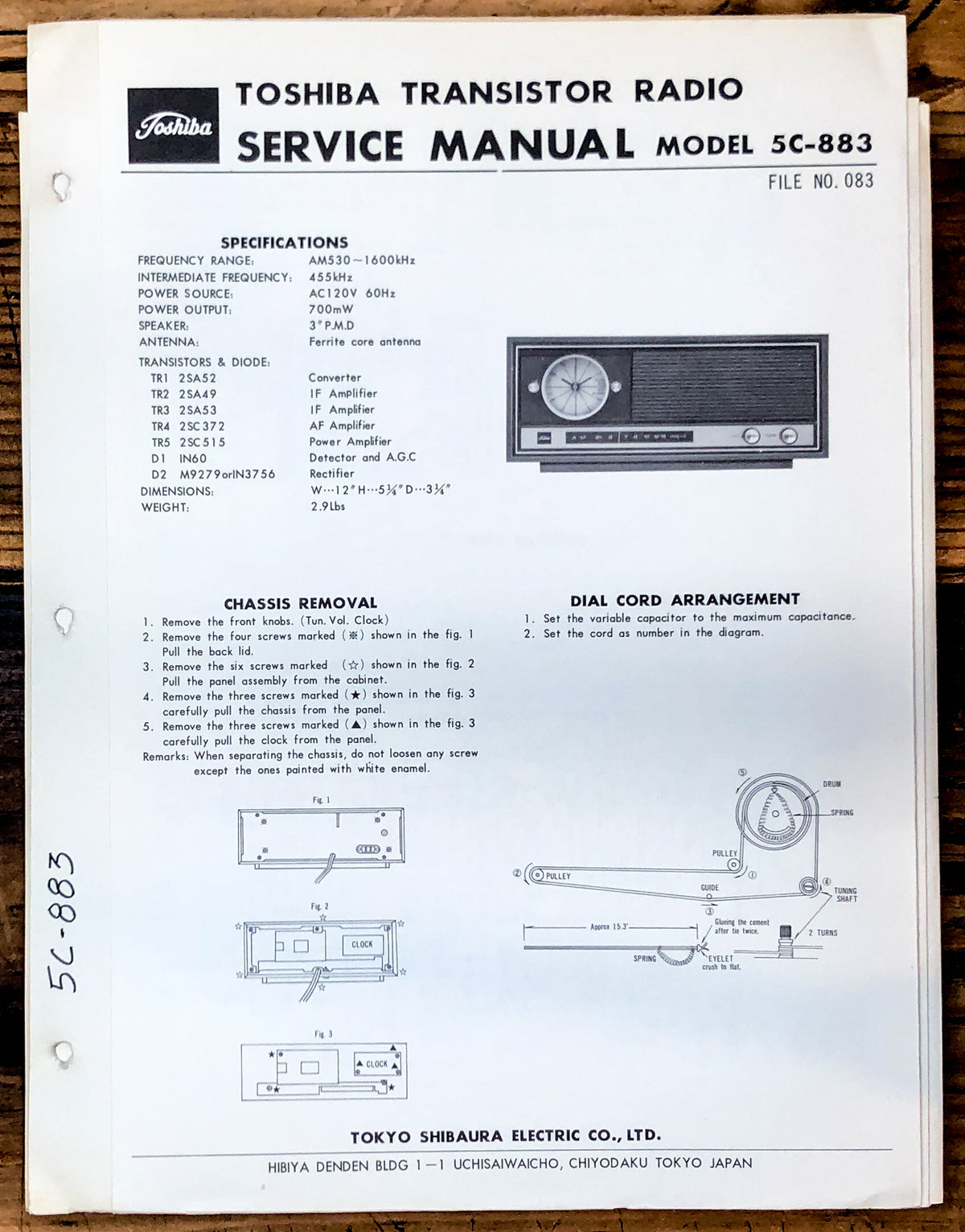 Toshiba Model 5C-883 Radio Service Manual *Original*
