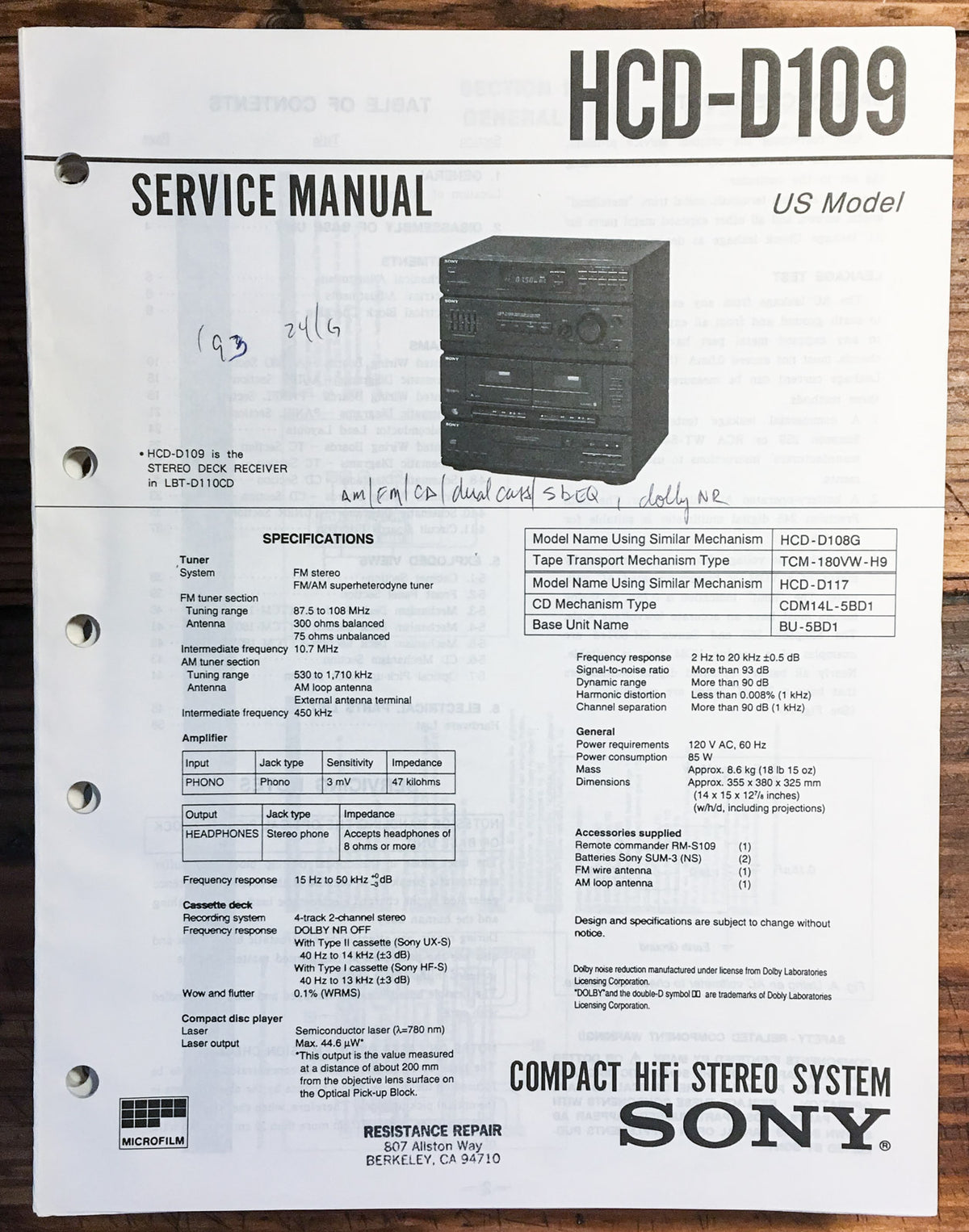 Sony HCD-D109 Stereo  Service Manual *Original*