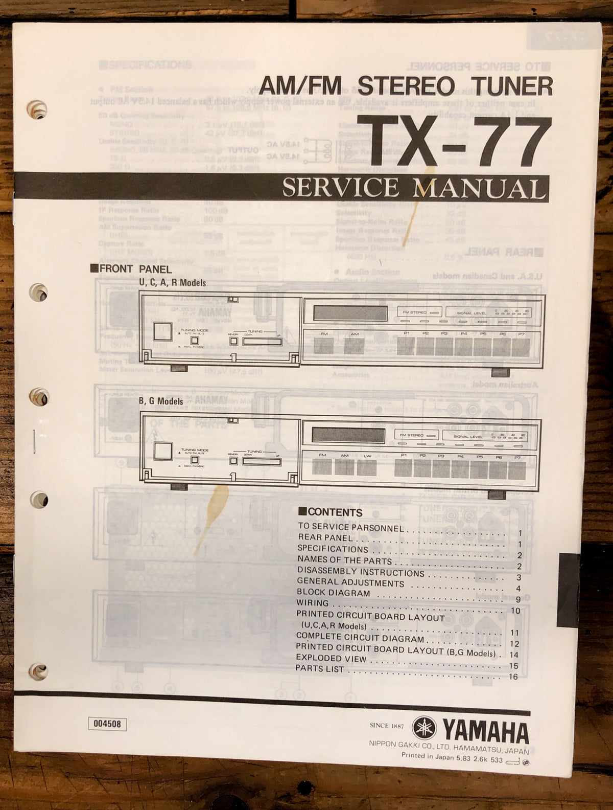 Yamaha TX-77 Tuner  Service Manual *Original*
