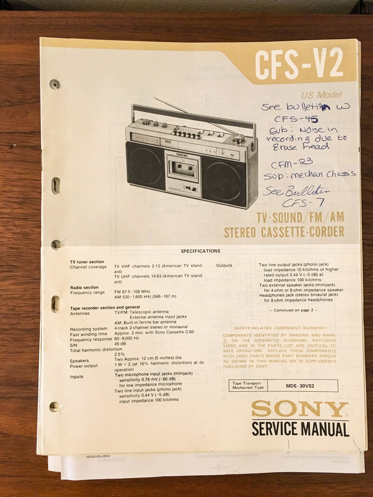 Sony CFS-V2 RADIO CASSETTE Service Manual *Original*