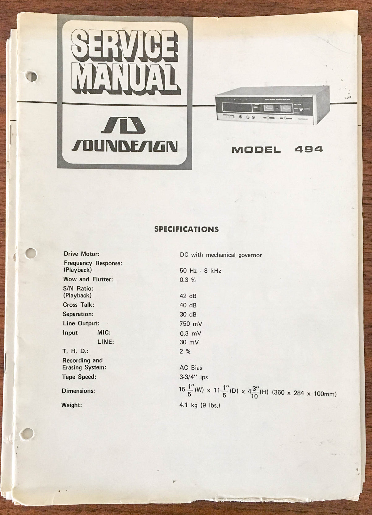 SoundDesign Sound Design Model 494  Service Manual *Original*