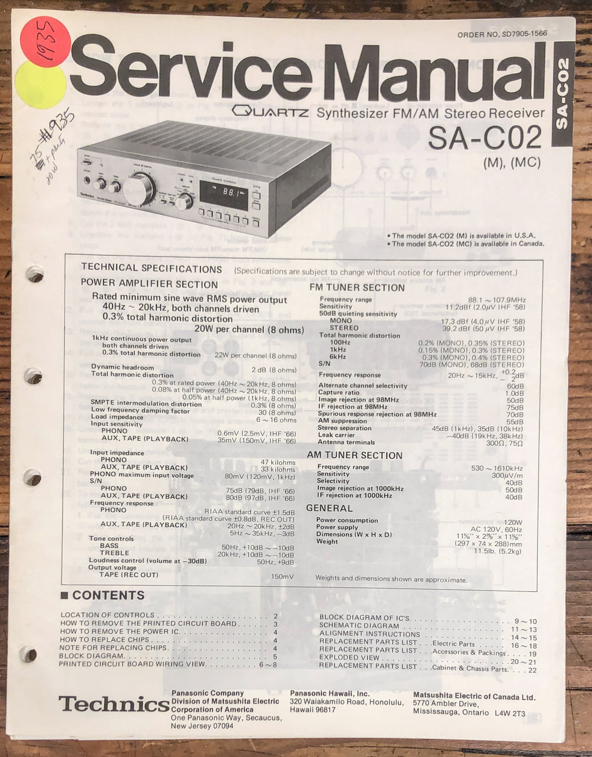 Technics SA-C02 Receiver  Service Manual *Original*