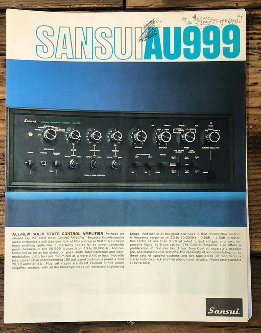 Sansui Model AU999 AU-999 Amplifier 3 pg Dealer Brochure  *Original*