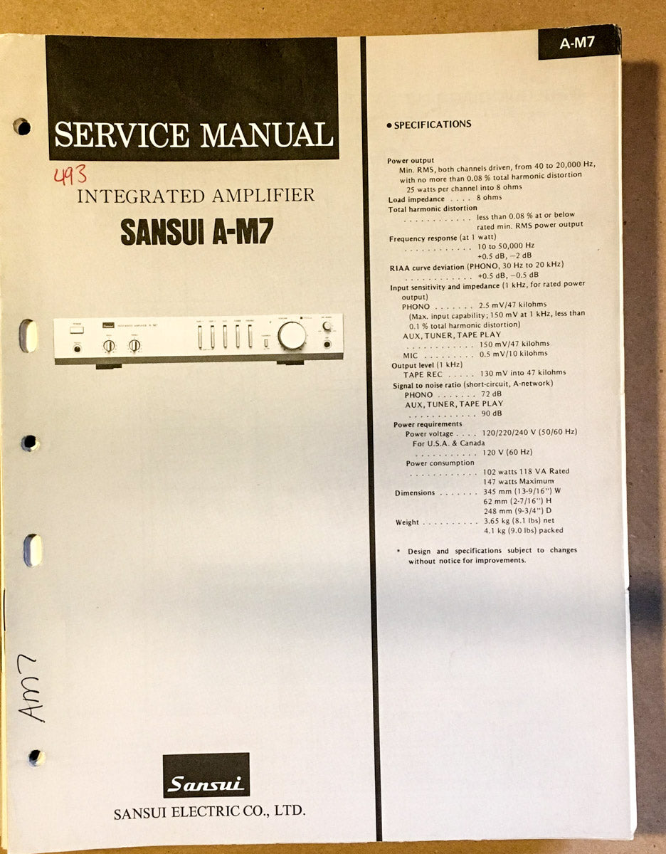 Sansui A-M7 Amplifier Service Manual *Original*