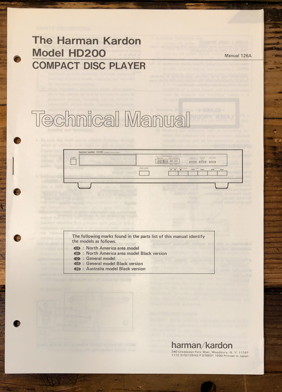 Harman Kardon HD200 HD-200 CD Player Service Manual *Original* Part A