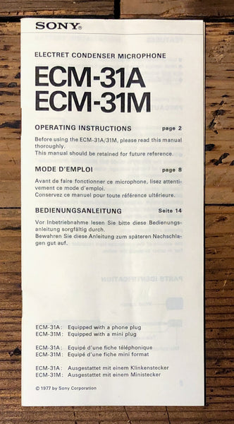 Sony ECM-31A ECM-31M Microphone 2 Owner / User Manual *Original*