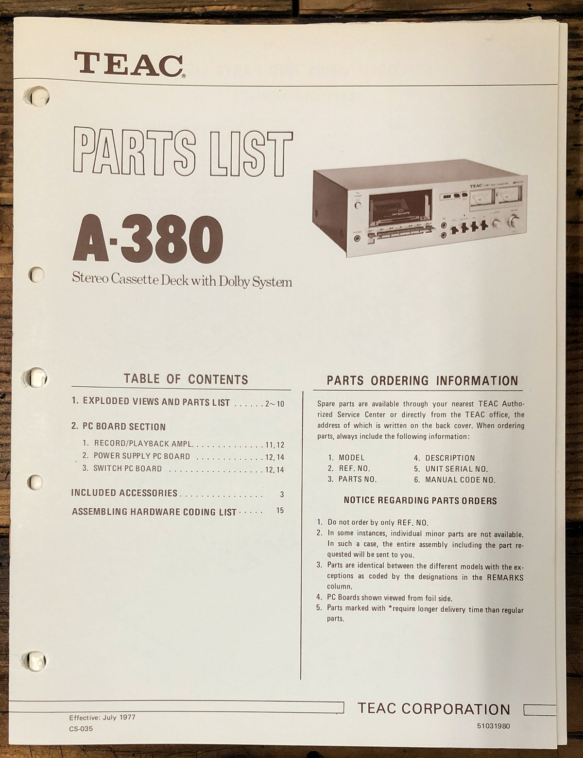 Teac A-380 Cassette Parts List Manual  *Original*