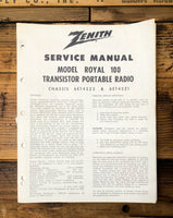 Zenith Royal 100 Portable Radio  Service Manual *Original*