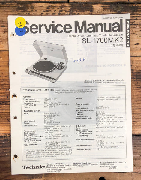 Technics SL-1700 MK2 Record Player / Turntable  Service Manual *Original*
